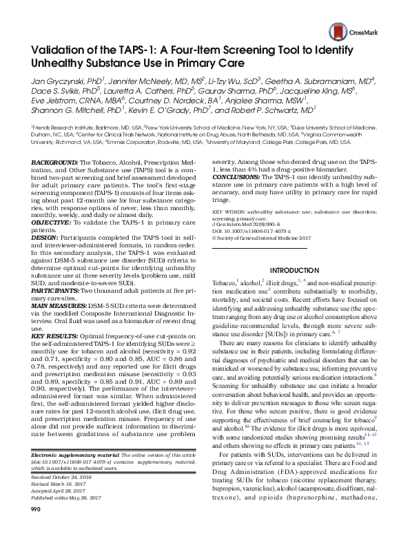 (PDF) Validation of the TAPS-1: A Four-Item Screening Tool to Identify ...