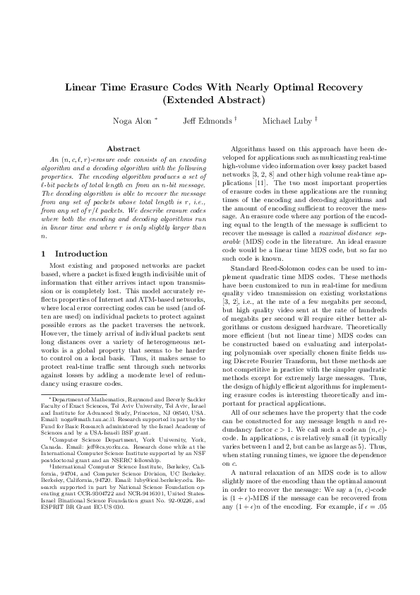 (PDF) Linear Time Erasure Codes with Nearly Optimal Recovery (Extended ...