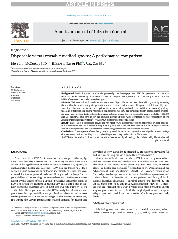 (PDF) Disposable versus reusable medical gowns A performance