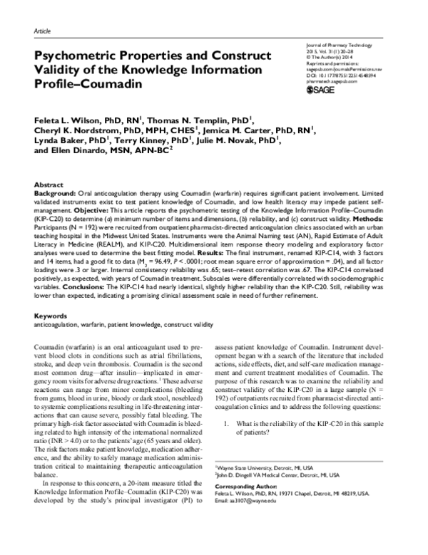 (PDF) Psychometric Properties and Construct Validity of the Knowledge ...