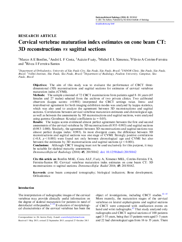 (PDF) Cervical vertebrae maturation index estimates on cone beam CT: 3D ...