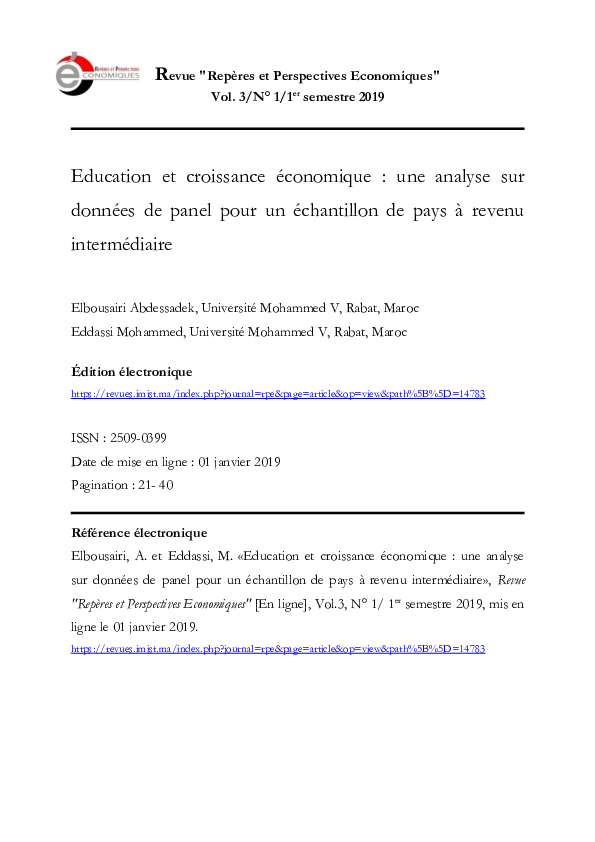 (PDF) Education et croissance économique : Une analyse sur données de ...