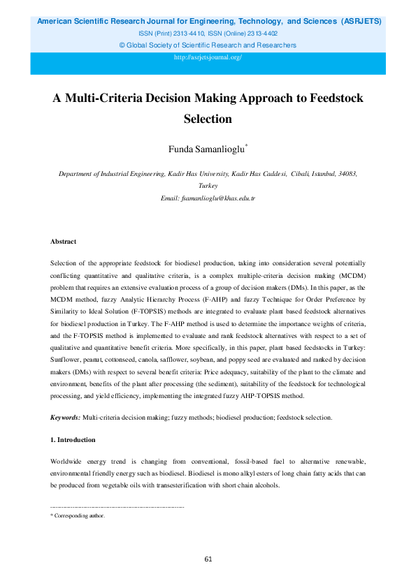 (PDF) A Multi-Criteria Decision Making Approach to Feedstock Selection