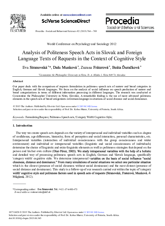 (PDF) Analysis of Politeness Speech Acts in Slovak and Foreign Language ...