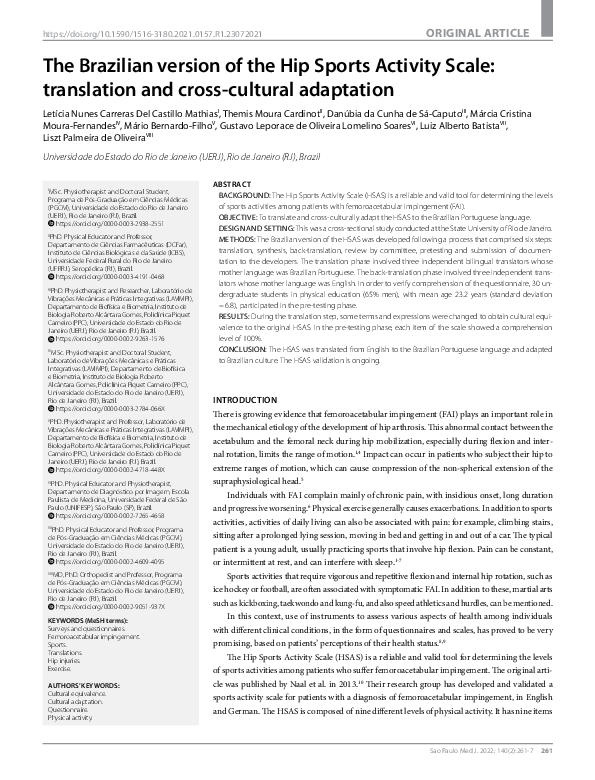 (PDF) The Brazilian version of the Hip Sports Activity Scale ...