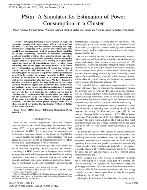 (PDF) PSim: A Simulator for Estimation of Power Consumption in a Cluster