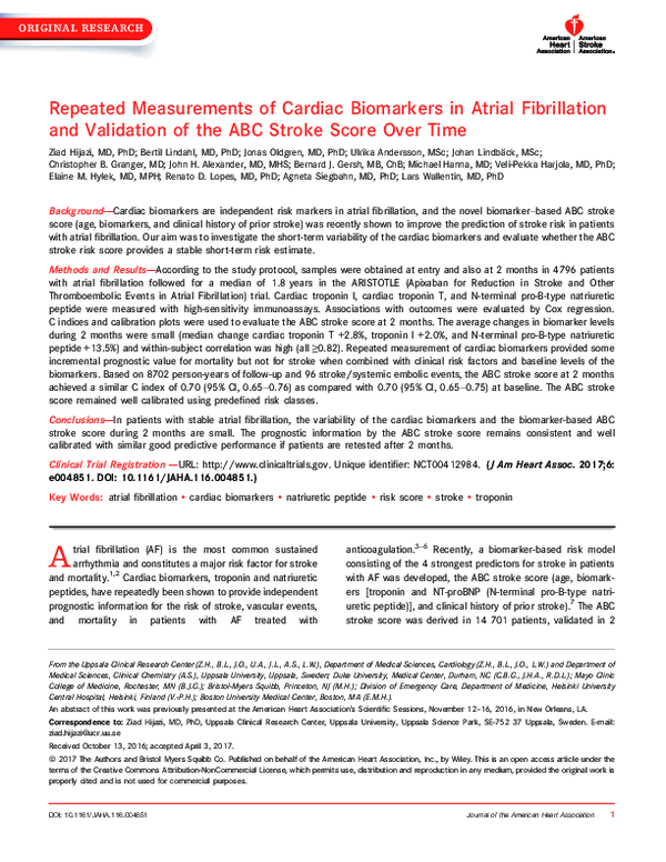 (PDF) Repeated Measurements of Cardiac Biomarkers in Atrial ...