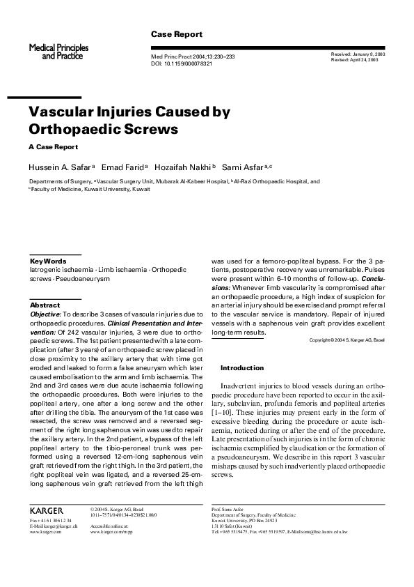 (PDF) Vascular Injuries Caused by Orthopaedic Screws