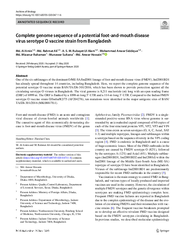 Complete genome sequence of a potential foot-and-mouth disease virus serotype O vaccine strain from Bangladesh