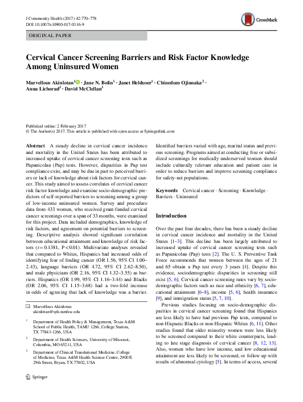 (PDF) Cervical Cancer Screening Barriers and Risk Factor Knowledge ...