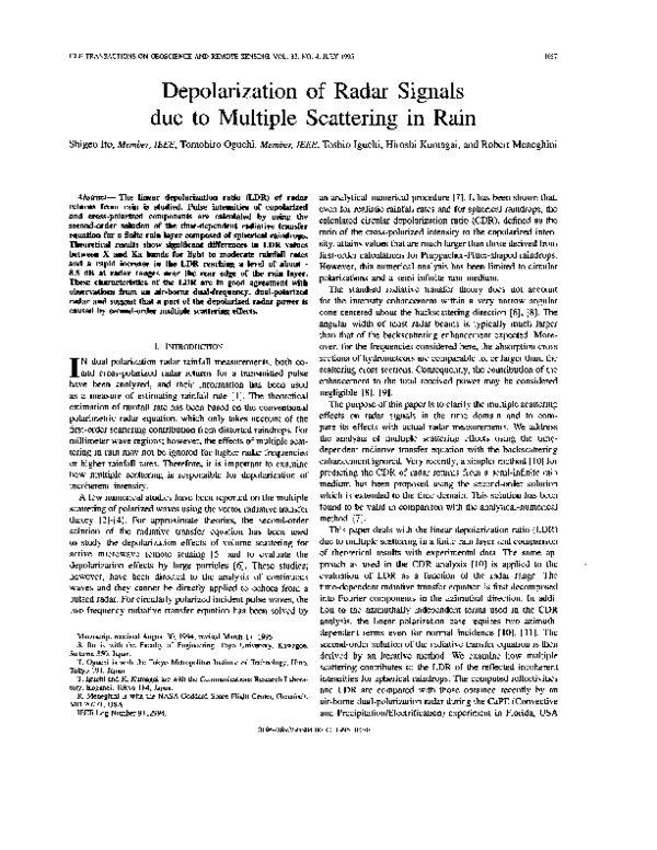 (PDF) Depolarization of radar signals due to multiple scattering in rain