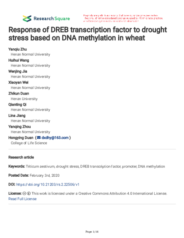 (PDF) Response of DREB transcription factor to drought stress based on ...