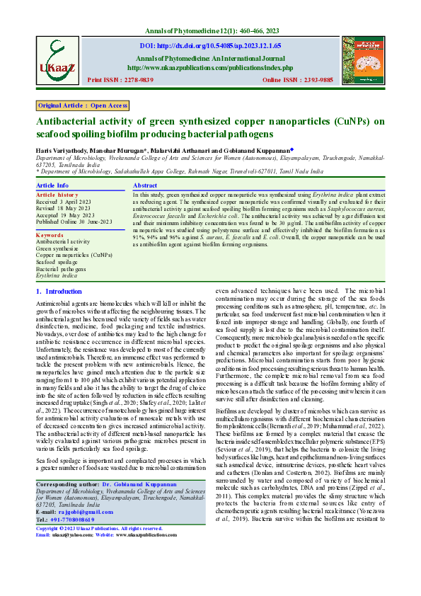 (PDF) Antibacterial activity of green synthesized copper nanoparticles ...