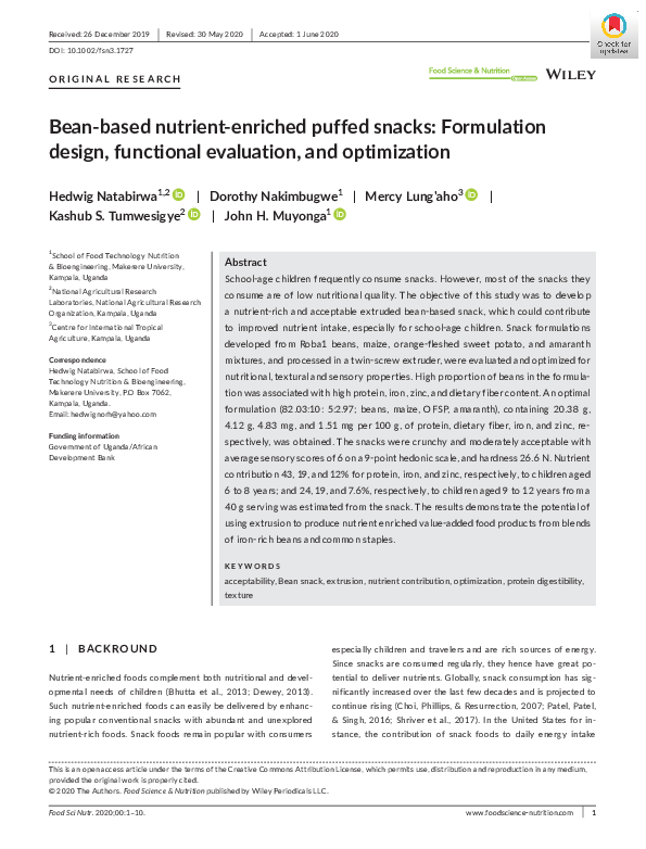 (PDF) Bean‐based nutrient‐enriched puffed snacks: Formulation design ...