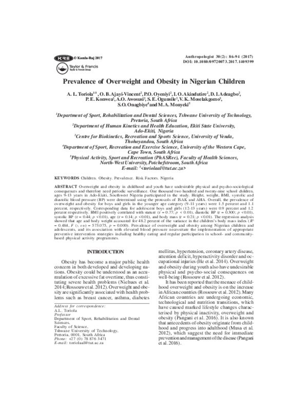 (PDF) Prevalence of overweight and obesity in Nigerian children