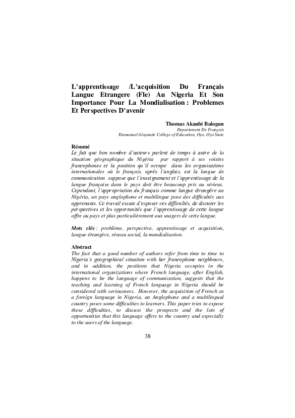 (PDF) L’apprentissage /L’acquisition du Français Langue Etrangere (Fle ...