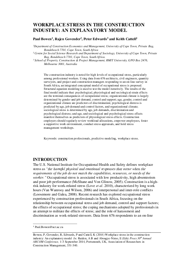 (PDF) Workplace stress in the construction industry: an explanatory model