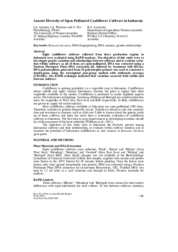 (PDF) Diversity of Open Pollinated Cauliflower Cultivars in