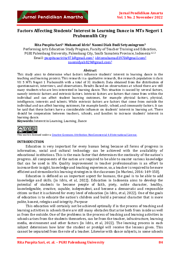 (PDF) Factors Affecting Students' Interest in Learning Dance in MTs ...
