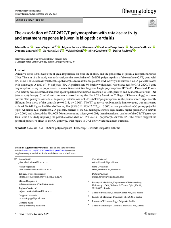 (PDF) The association of CAT-262C/T polymorphism with catalase activity ...