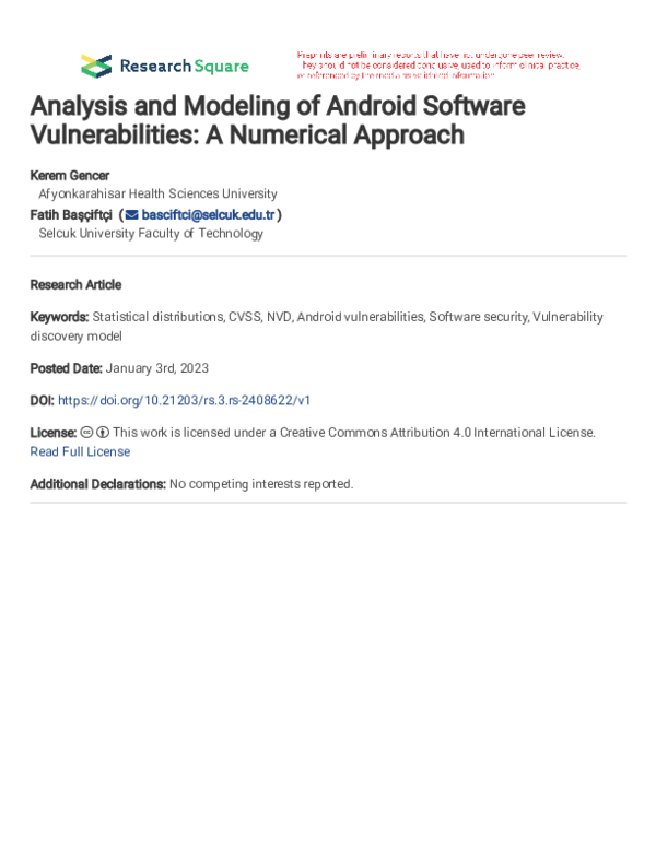 (PDF) Analysis and Modeling of Android Software Vulnerabilities: A ...
