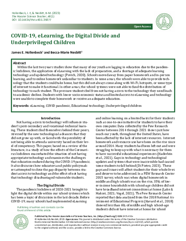 (PDF) COVID-19, eLearning, the Digital Divide and Underprivileged Children