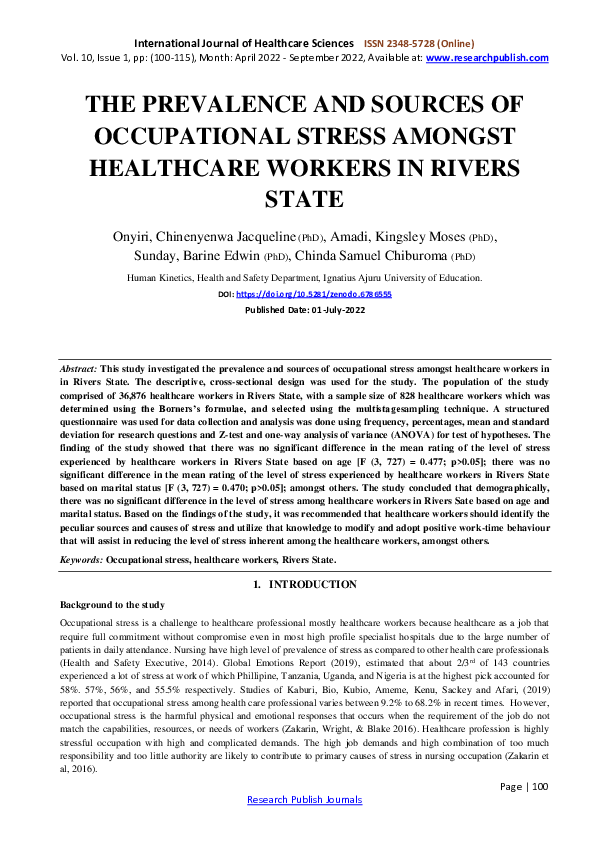 (PDF) The Prevalence and Sources of Occupational Stress Amongst ...