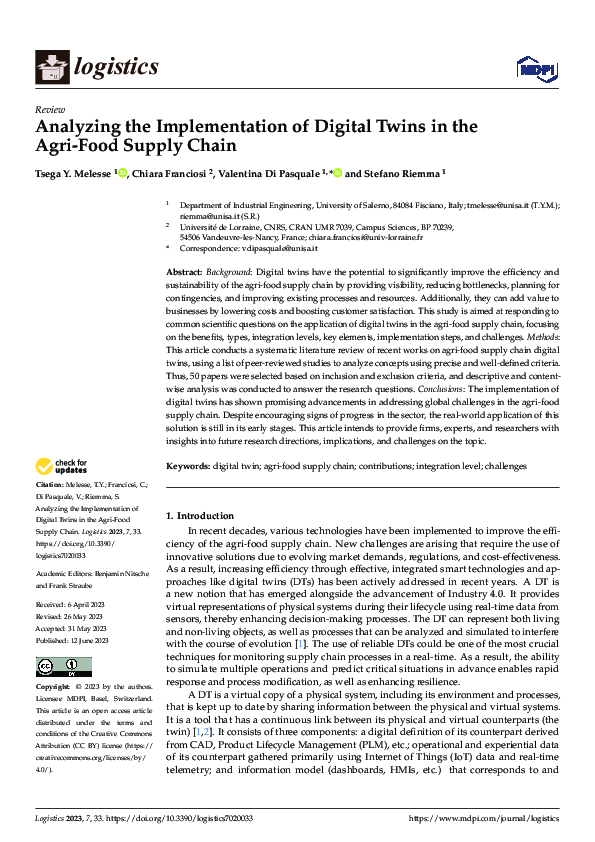 (PDF) Analyzing the Implementation of Digital Twins in the Agri-Food ...