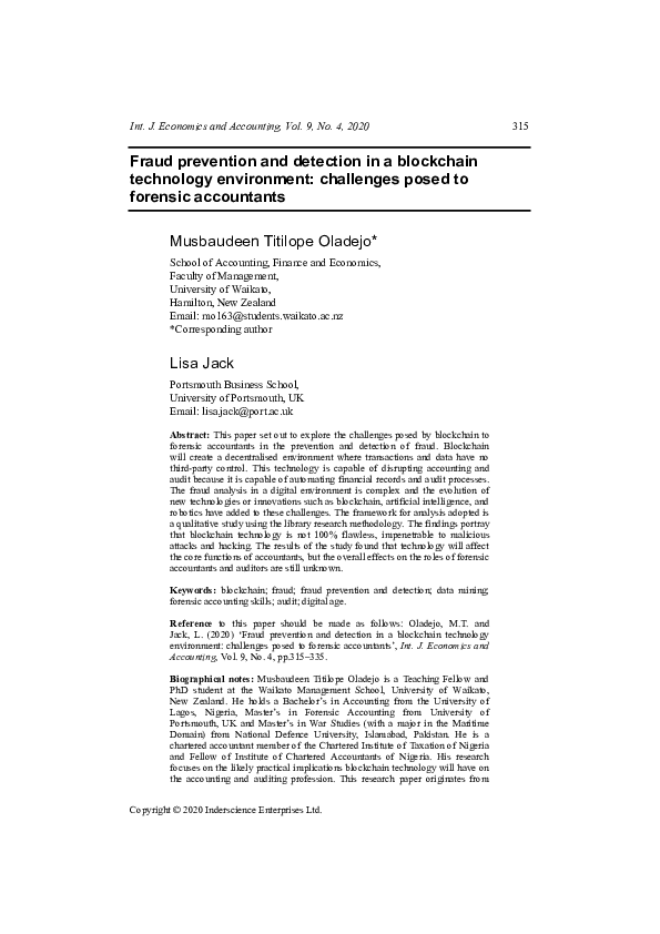 (PDF) Fraud prevention and detection in a blockchain technology ...