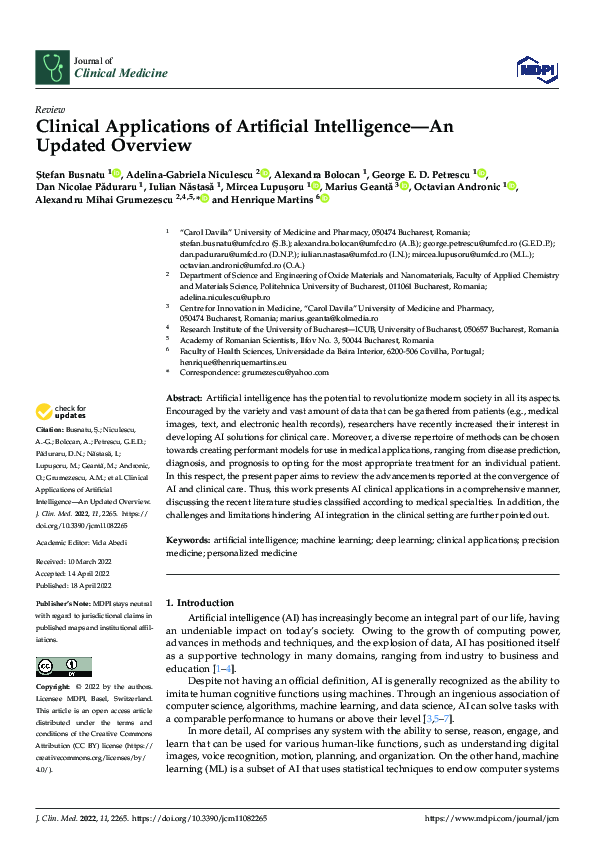 (PDF) Clinical Applications of Artificial Intelligence—An Updated Overview