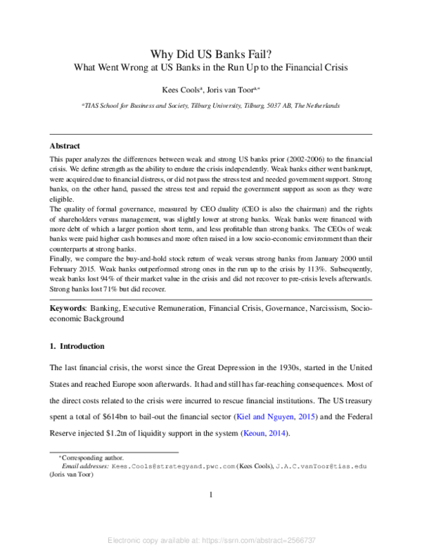 (PDF) Why Did US Banks Fail? What Went Wrong at US Banks in the Run Up