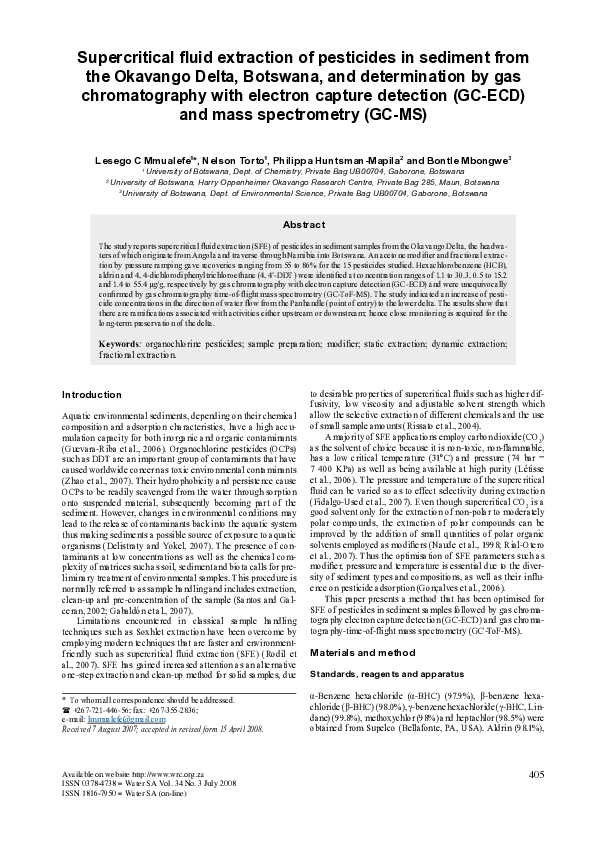 (PDF) Supercritical fluid extraction of pesticides in sediment from the ...