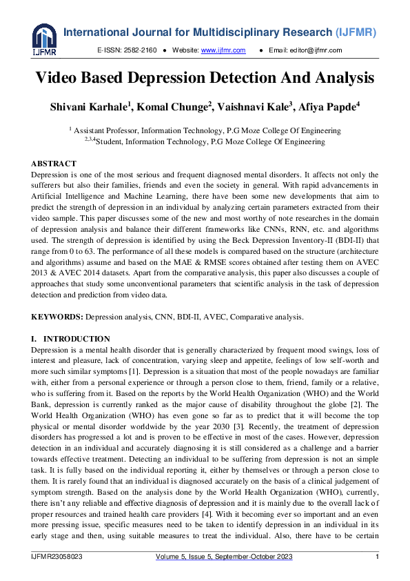 (PDF) Video Based Depression Detection And Analysis