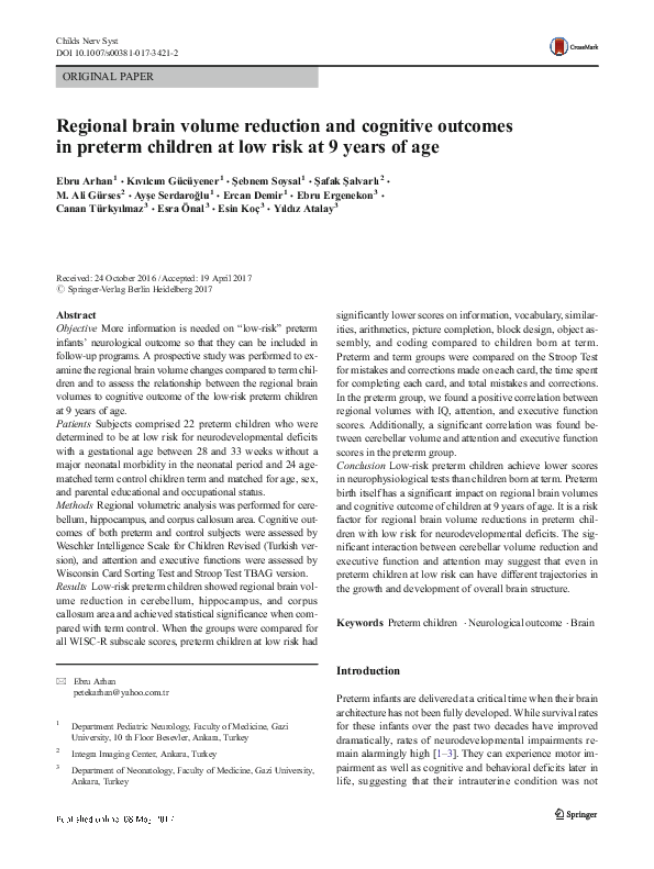 (PDF) Regional brain volume reduction and cognitive outcomes in preterm ...