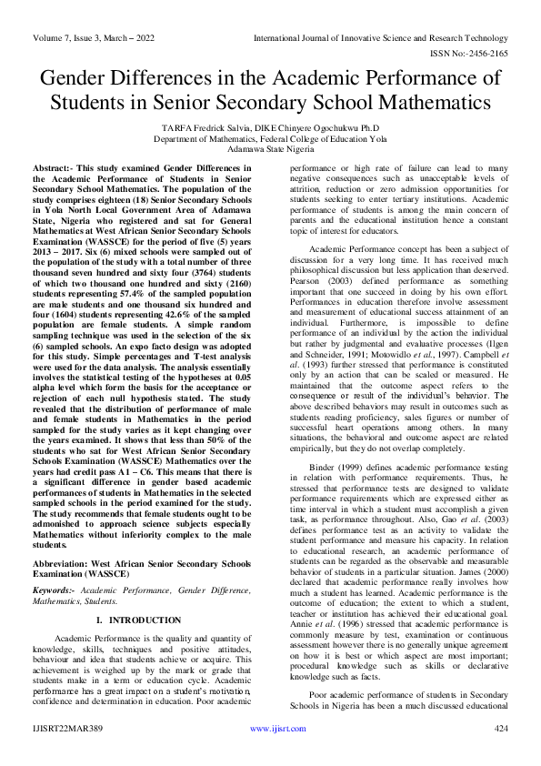 (PDF) Gender Differences in the Academic Performance of Students in ...