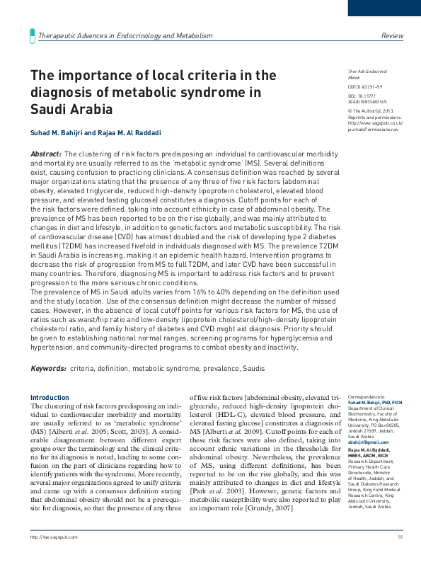 (PDF) Diagnosis of Metabolic syndrome in Saudi Arabia: implications for ...