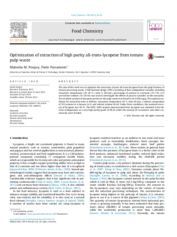 (PDF) Optimization of extraction of high purity alltranslycopene from