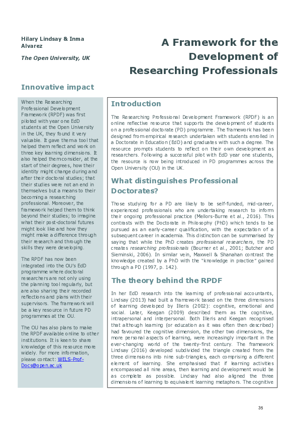 (PDF) A Framework for the development of Researching Professionals