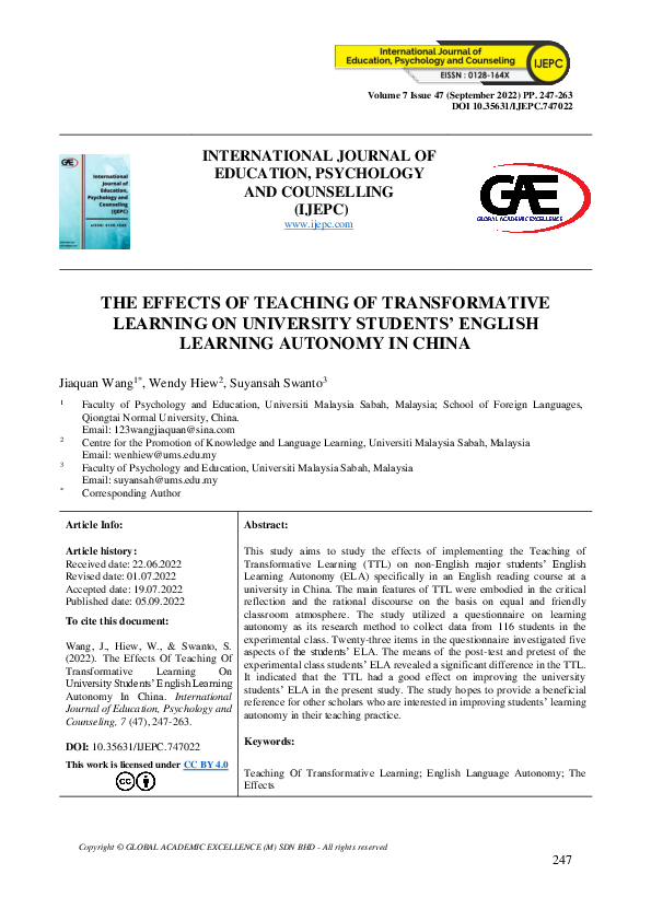 (PDF) The Effects of Teaching of Transformative Learning on University ...