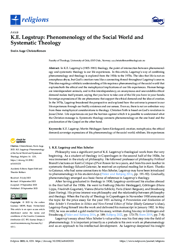 (PDF) K.E. Løgstrup: Phenomenology of the Social World and Systematic ...