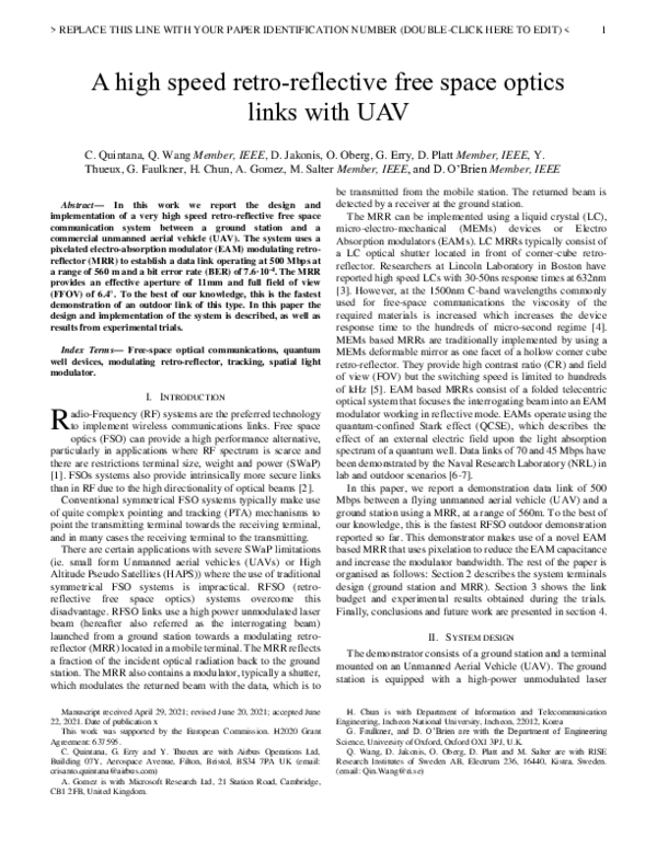 (PDF) A High Speed Retro-Reflective Free Space Optics Links With UAV