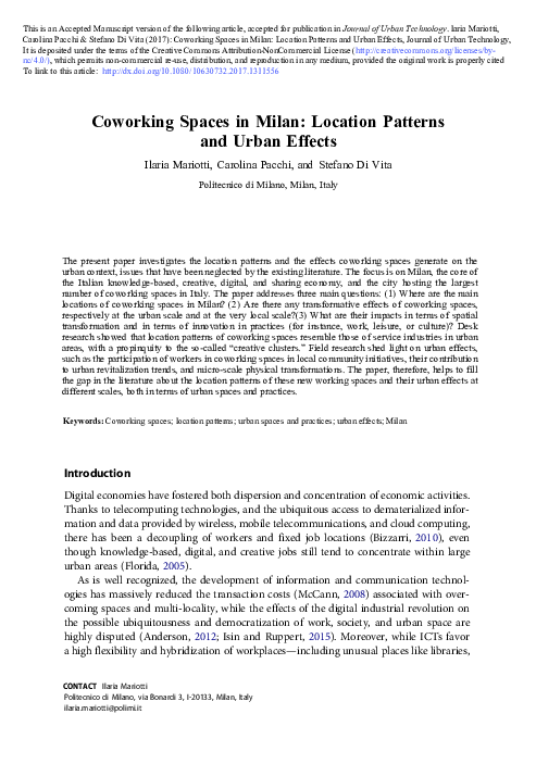 (PDF) Co-working Spaces in Milan: Location Patterns and Urban Effects