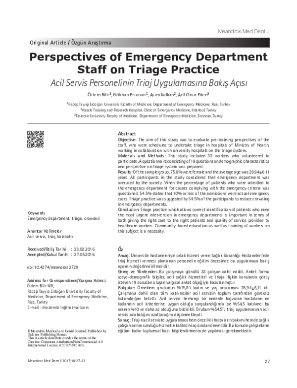 (PDF) Perspectives of Emergency Department Staff on Triage Practice