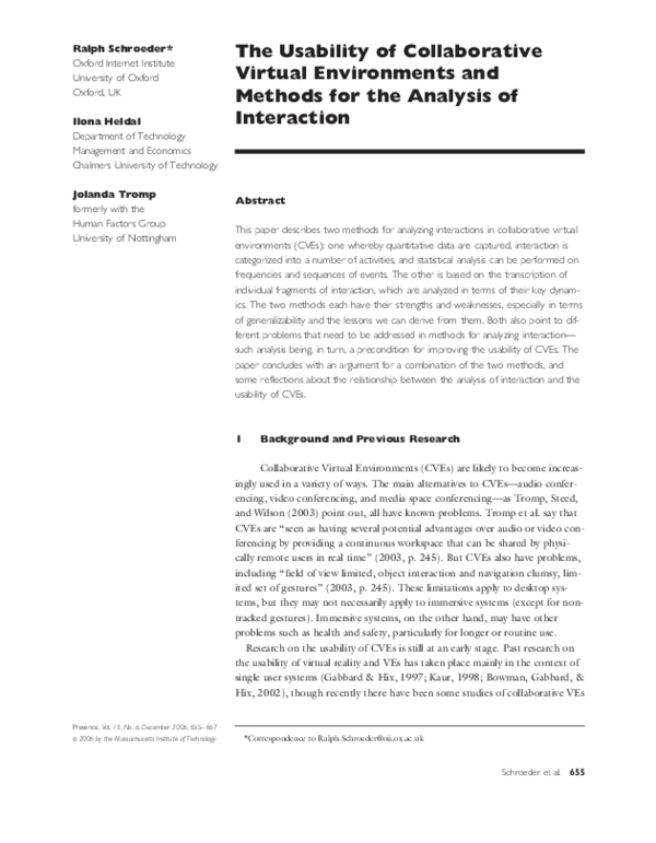 (PDF) The Usability of Collaborative Virtual Environments: Towards an ...