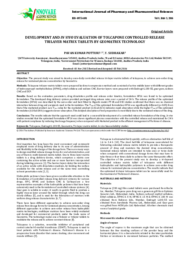 (PDF) DEVELOPMENT AND IN VIVO EVALUATION OF TOLCAPONE CONTROLLED ...