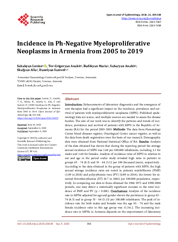 (PDF) Incidence in Ph-Negative Myeloproliferative Neoplasms in Armenia ...
