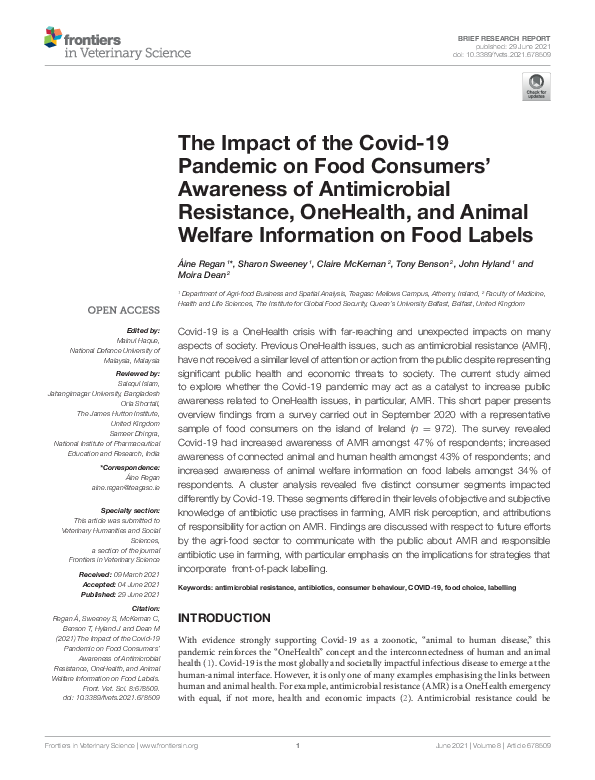The Impact of the Covid-19 Pandemic on Food Consumers' Awareness of Antimicrobial Resistance, OneHealth, and Animal Welfare Information on Food Labels