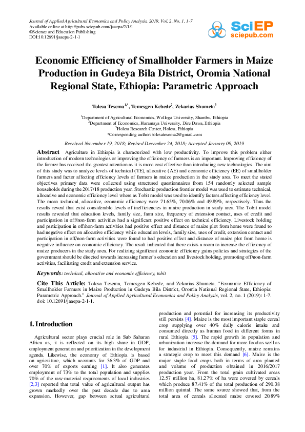 (PDF) Economic Efficiency of Smallholder Farmers in Maize Production in ...