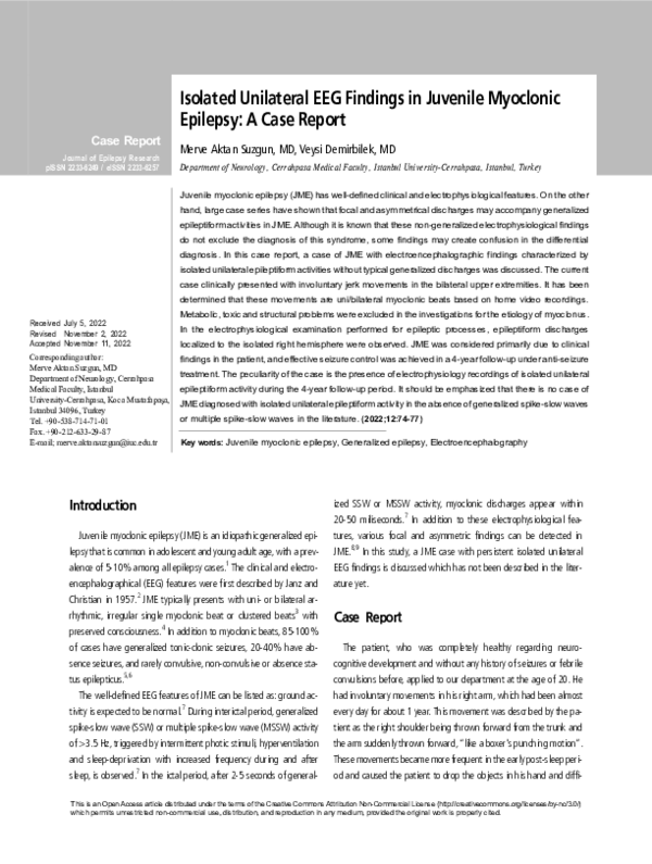 (PDF) Isolated Unilateral EEG Findings in Juvenile Myoclonic Epilepsy ...