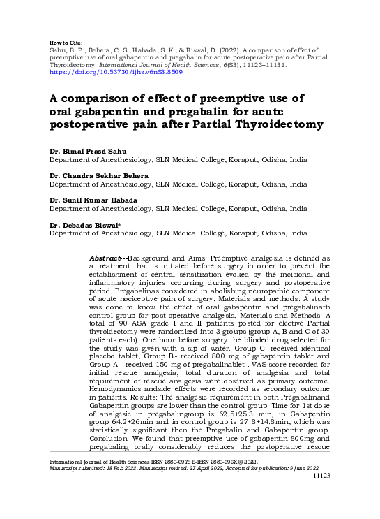 (PDF) comparison of effect of preemptive use of oral gabapentin and ...